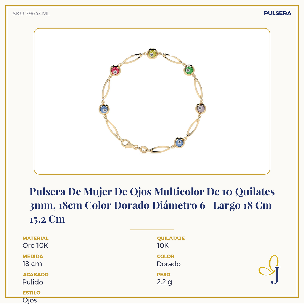 10K 3mm Multicolor Eye Bracelet for Women, 18cm