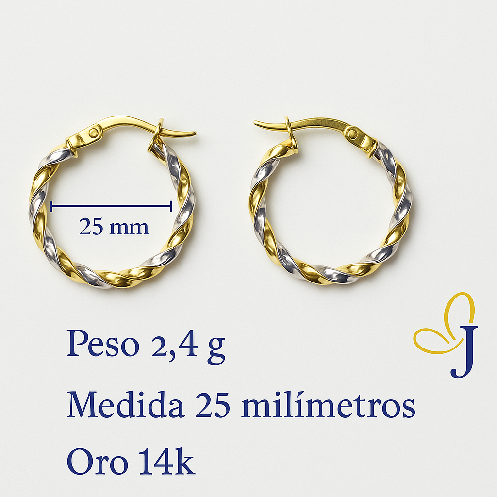 14K Yellow and White Gold Twisted Tube Hoop Earrings