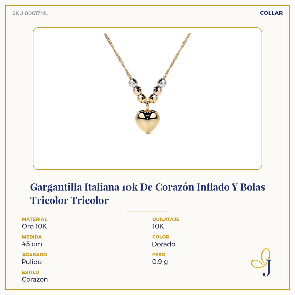 10k Italian Tri-Color Bead and Puffed Heart Necklace
