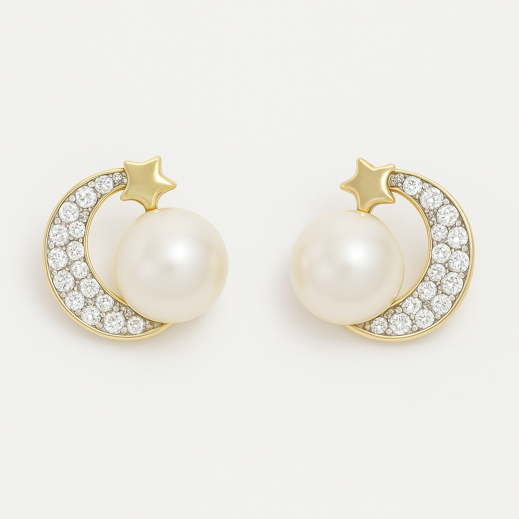 10k Gold Moon Earrings with Zirconia and Pearl