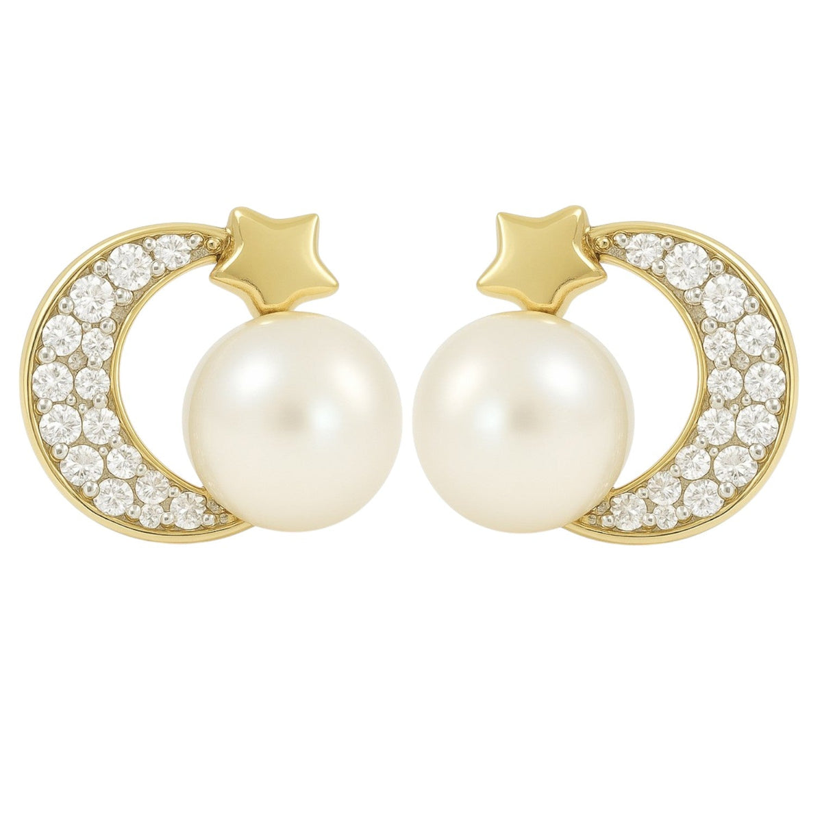 10k Gold Moon Earrings with Zirconia and Pearl