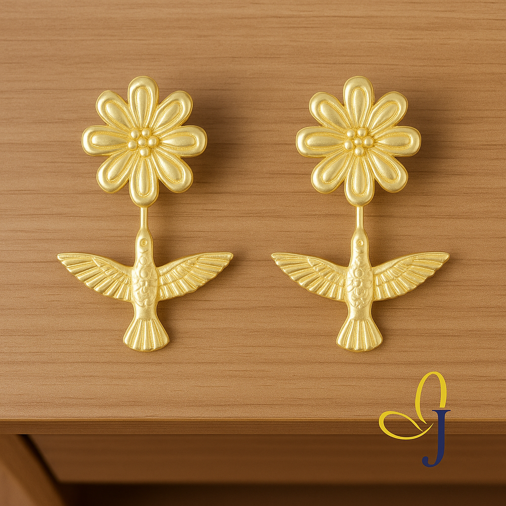 10K Gold Hummingbird with Flower Stud Earring