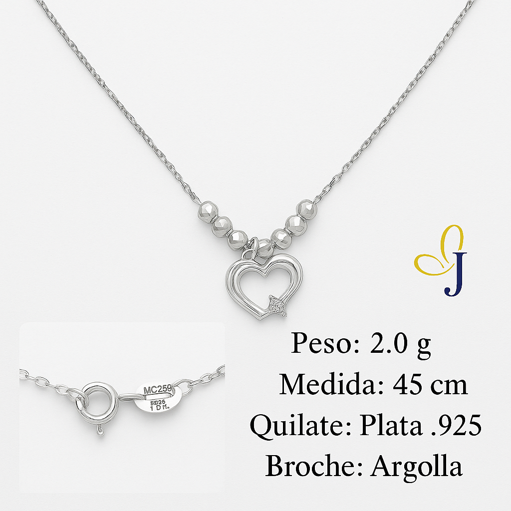 925 Silver Heart Necklace with 45 cm Diamond-Cut Ball Chain