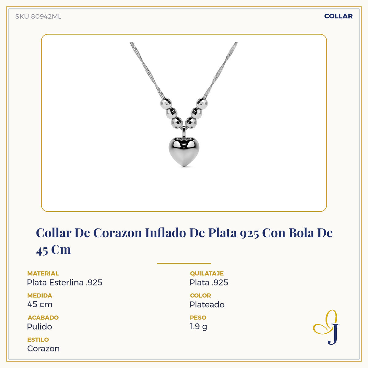 925 Silver Puffed Heart Necklace with 45cm Ball Chain