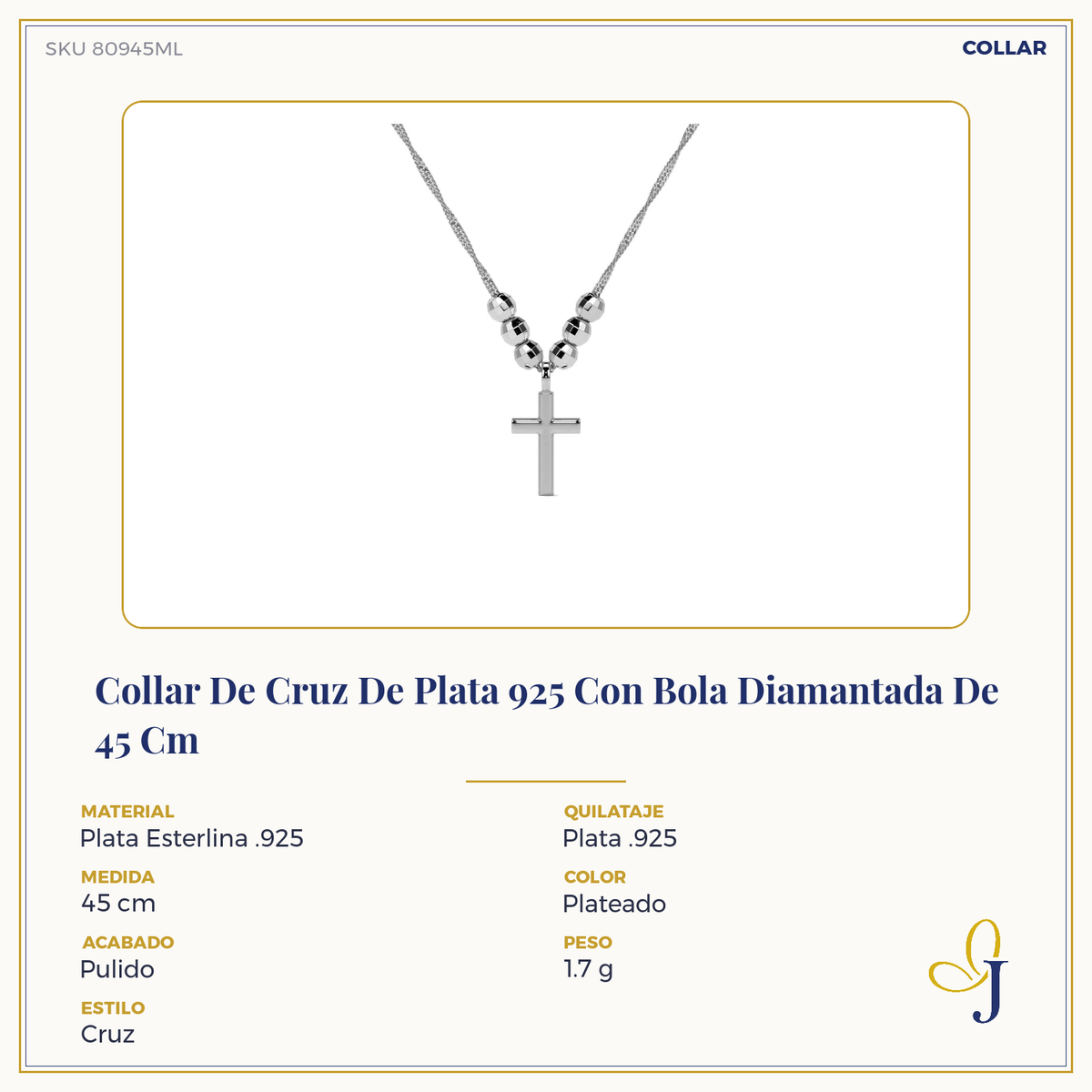 925 Sterling Silver Cross Necklace with Diamond-Cut Bead, 45 cm