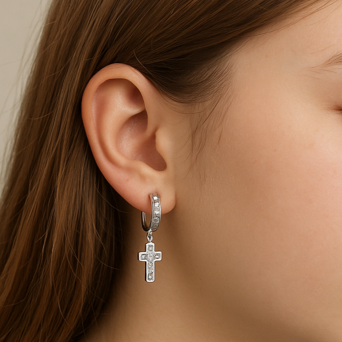 925 Sterling Silver Huggie Hoop Earrings with Cross and Zirconia Charms