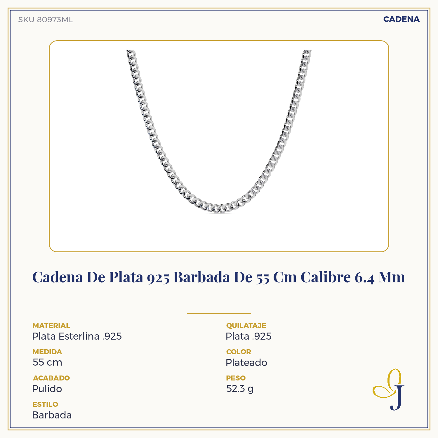 925 Sterling Silver Curb Chain 55 cm, 6.4 mm Gauge