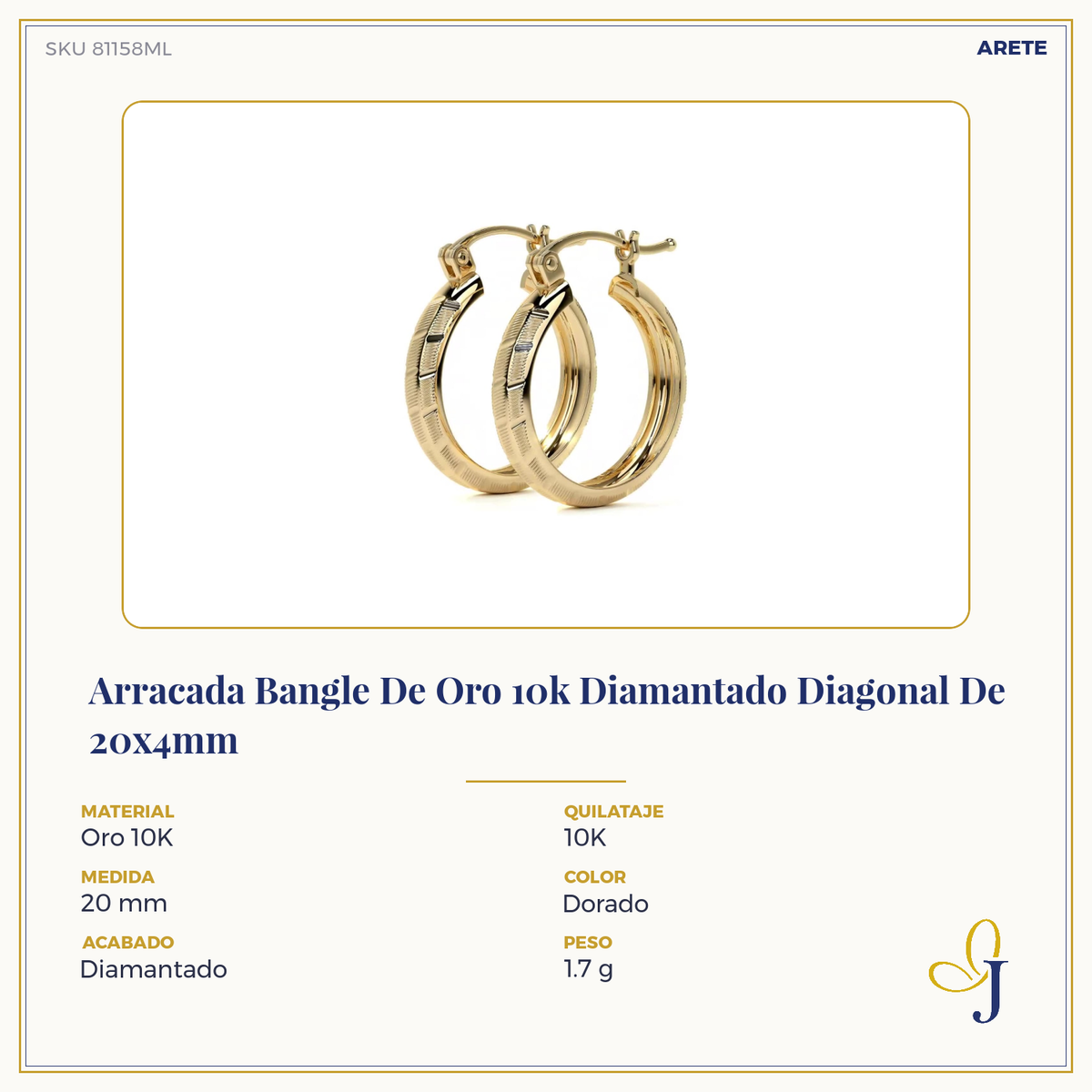 10k Gold Diamond-Cut Diagonal Arracada Bangle Earring, 20x4mm