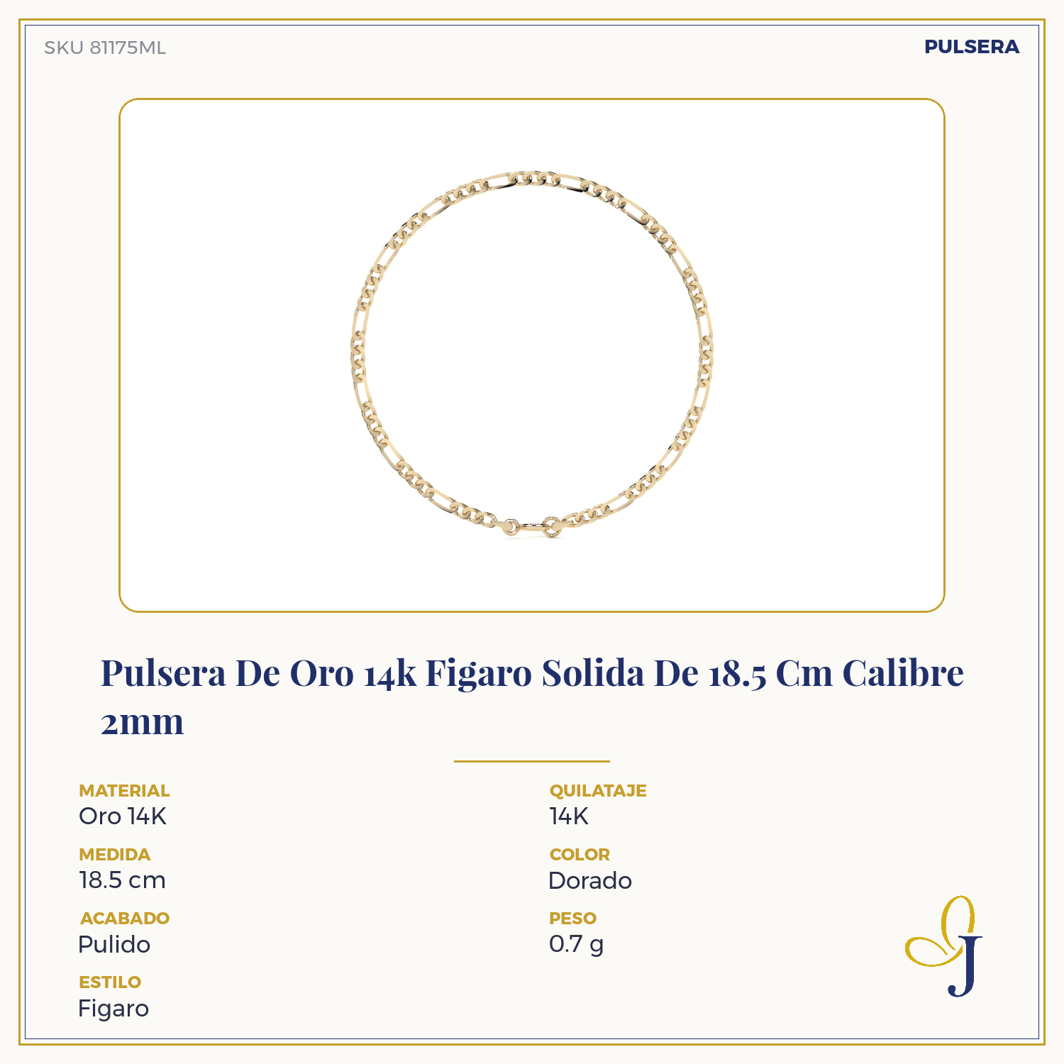 14k Gold Solid Figaro Bracelet 18.5cm 2mm Gauge