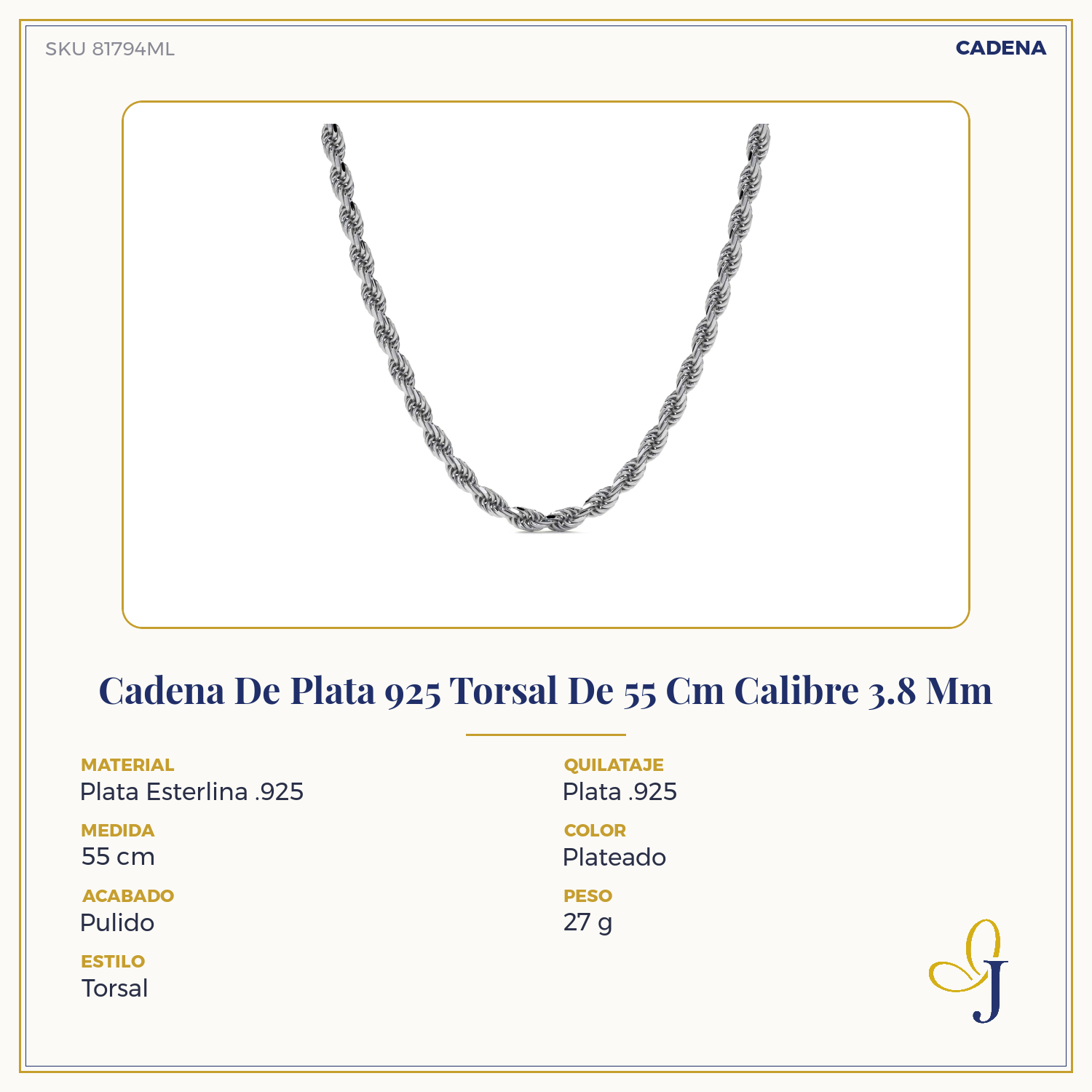 925 Sterling Silver Rope Chain 50 cm 3.8 mm Gauge