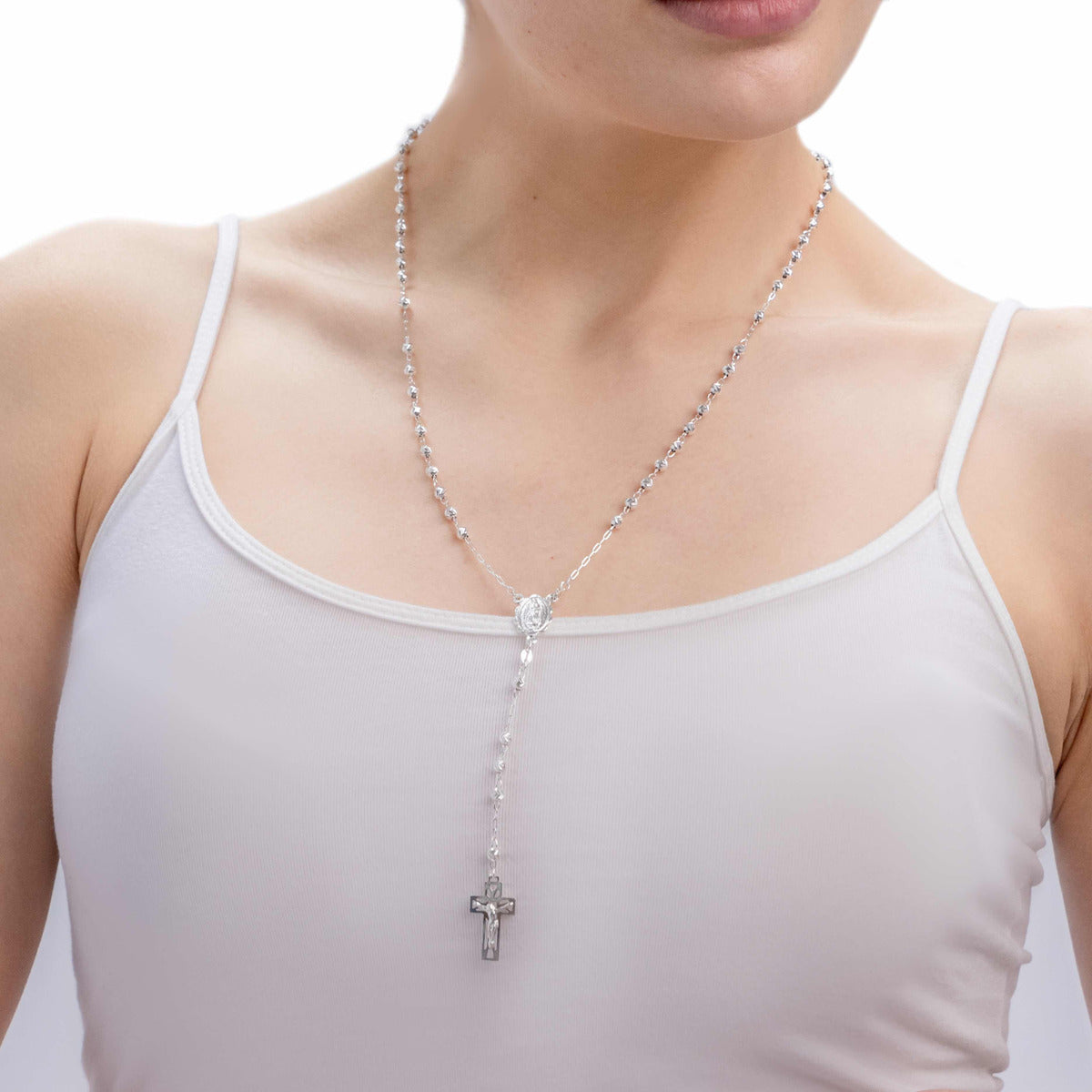 925 Sterling Silver Rosary with Diamond Cut Beads, 55 cm