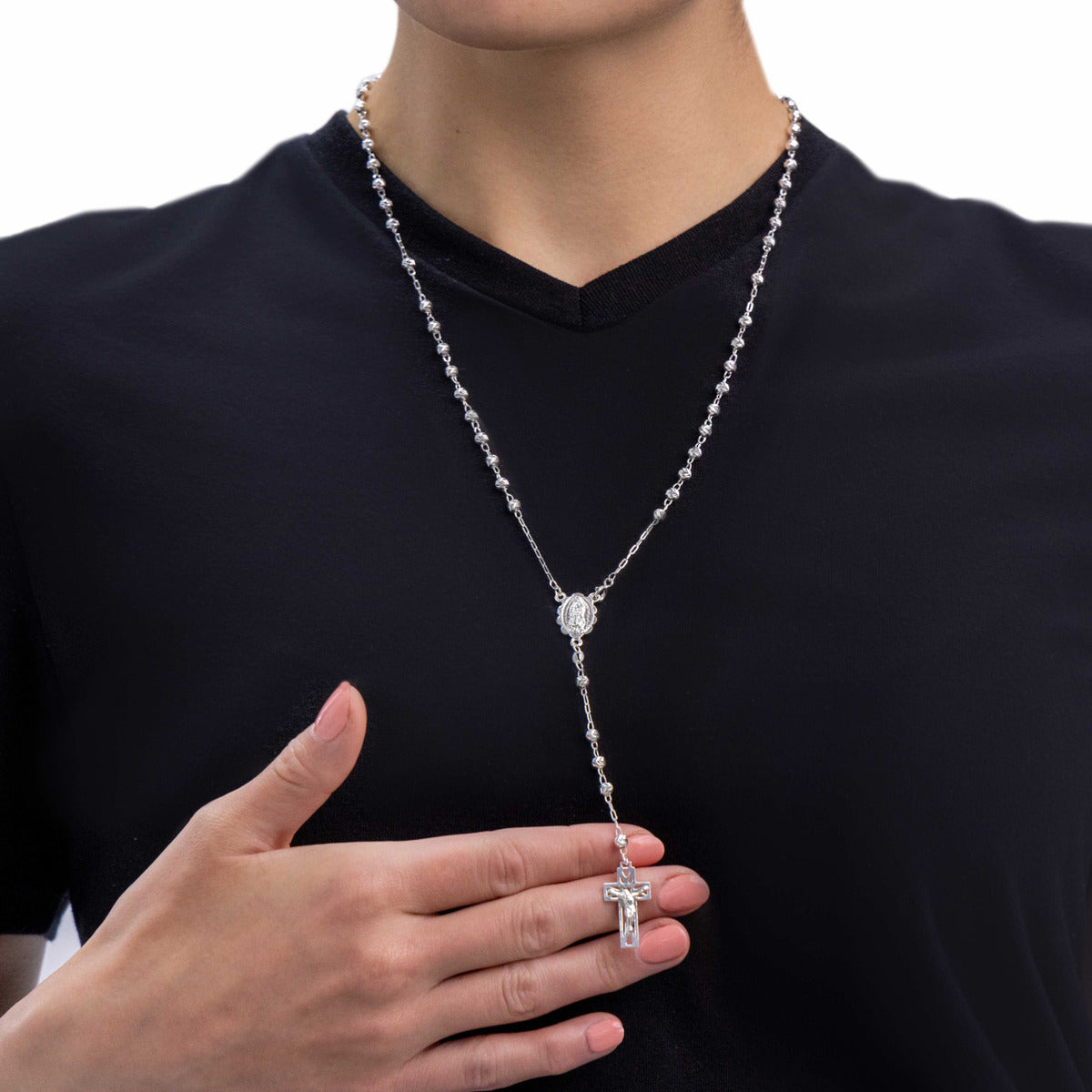 925 Sterling Silver Rosary with Diamond Cut Beads, 55 cm