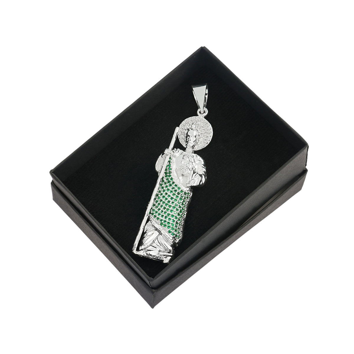 925 Silver St. Jude Pendant with Green Zirconia Stone 7.5cm