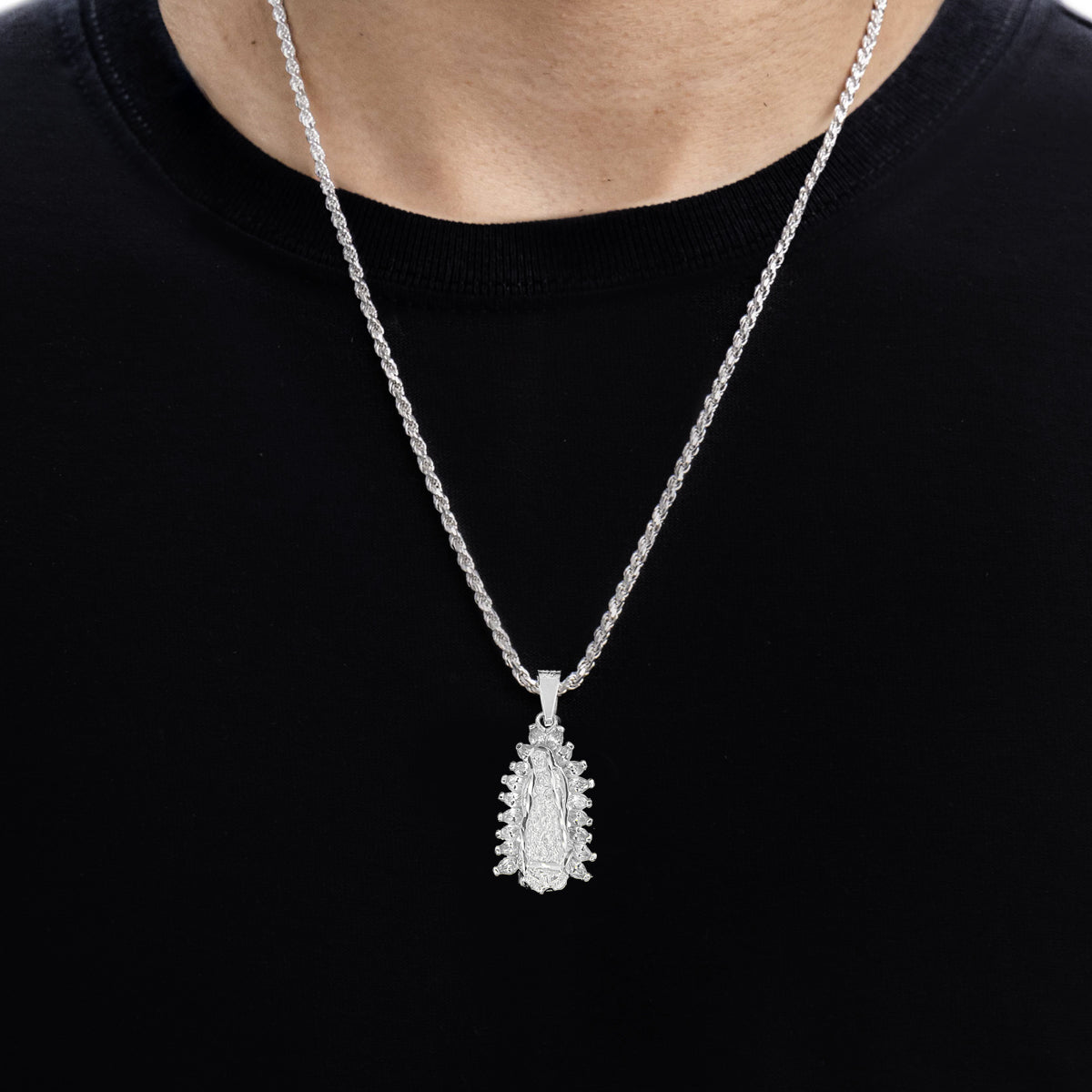 Sterling Silver 925 Virgin of Guadalupe Pendant with Zirconia 2.7cm