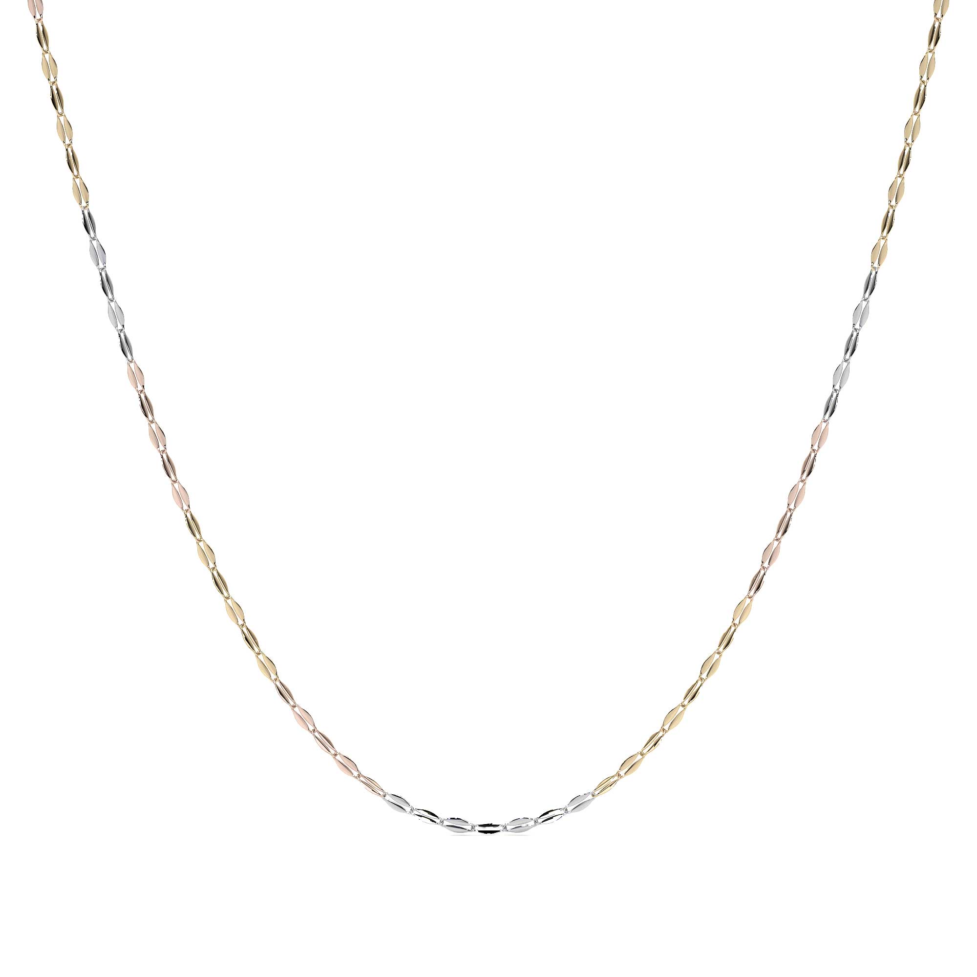 14K Tricolor Gold Coffee Bean Chain | 1mm Italian White, Yellow, and Rose Gold Necklace | 40 to 55 cm