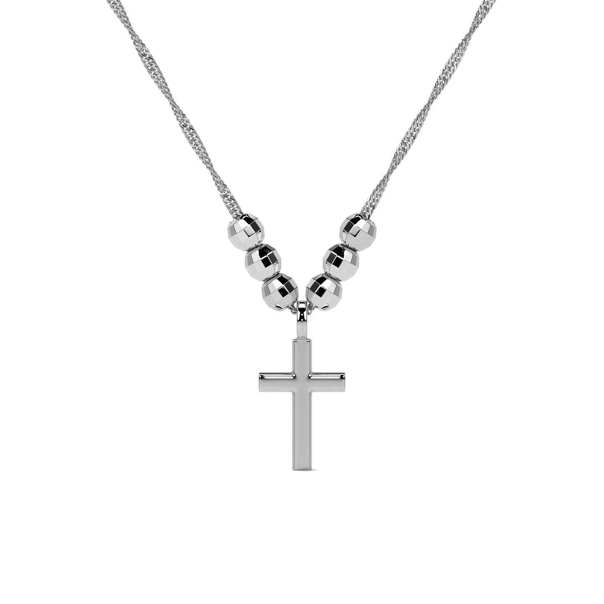 925 Sterling Silver Cross Necklace with Diamond-Cut Bead, 45 cm