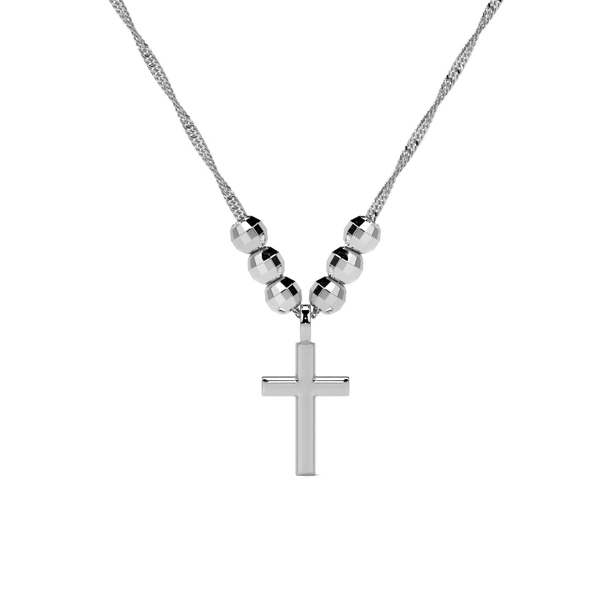 925 Sterling Silver Cross Necklace with Diamond-Cut Bead, 45 cm