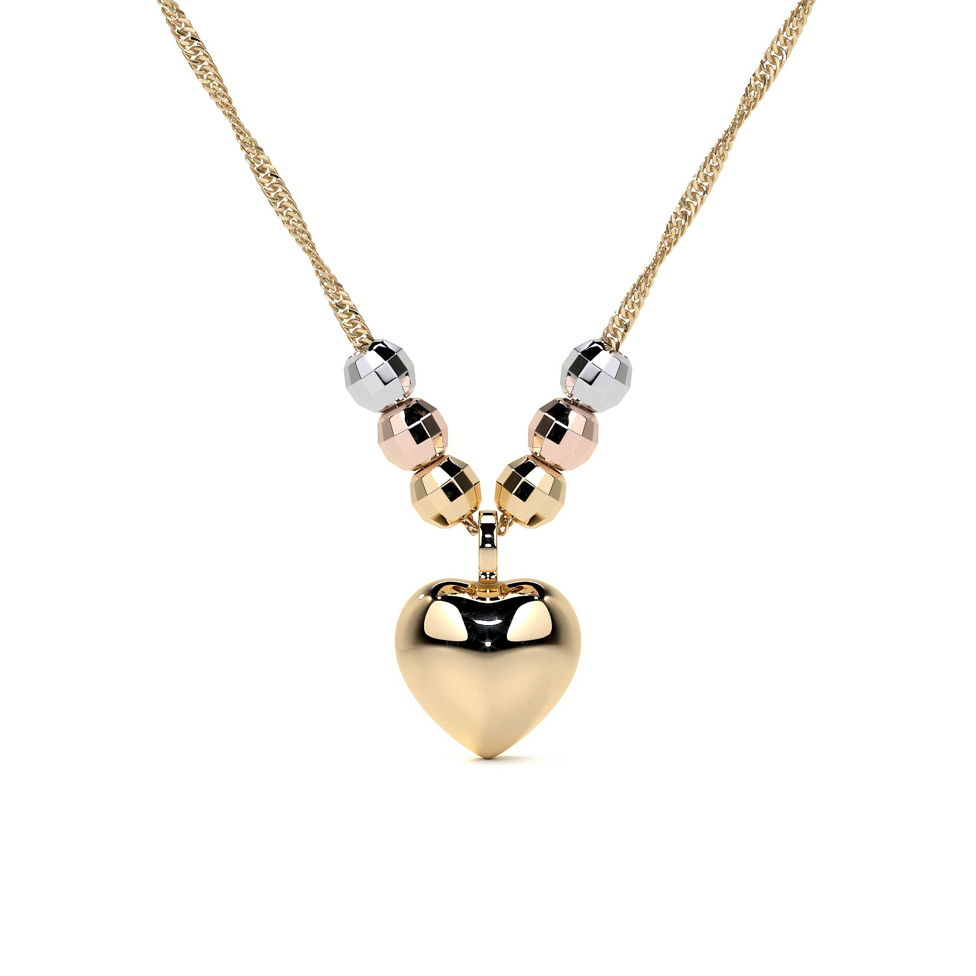 10k Italian Tri-Color Bead and Puffed Heart Necklace