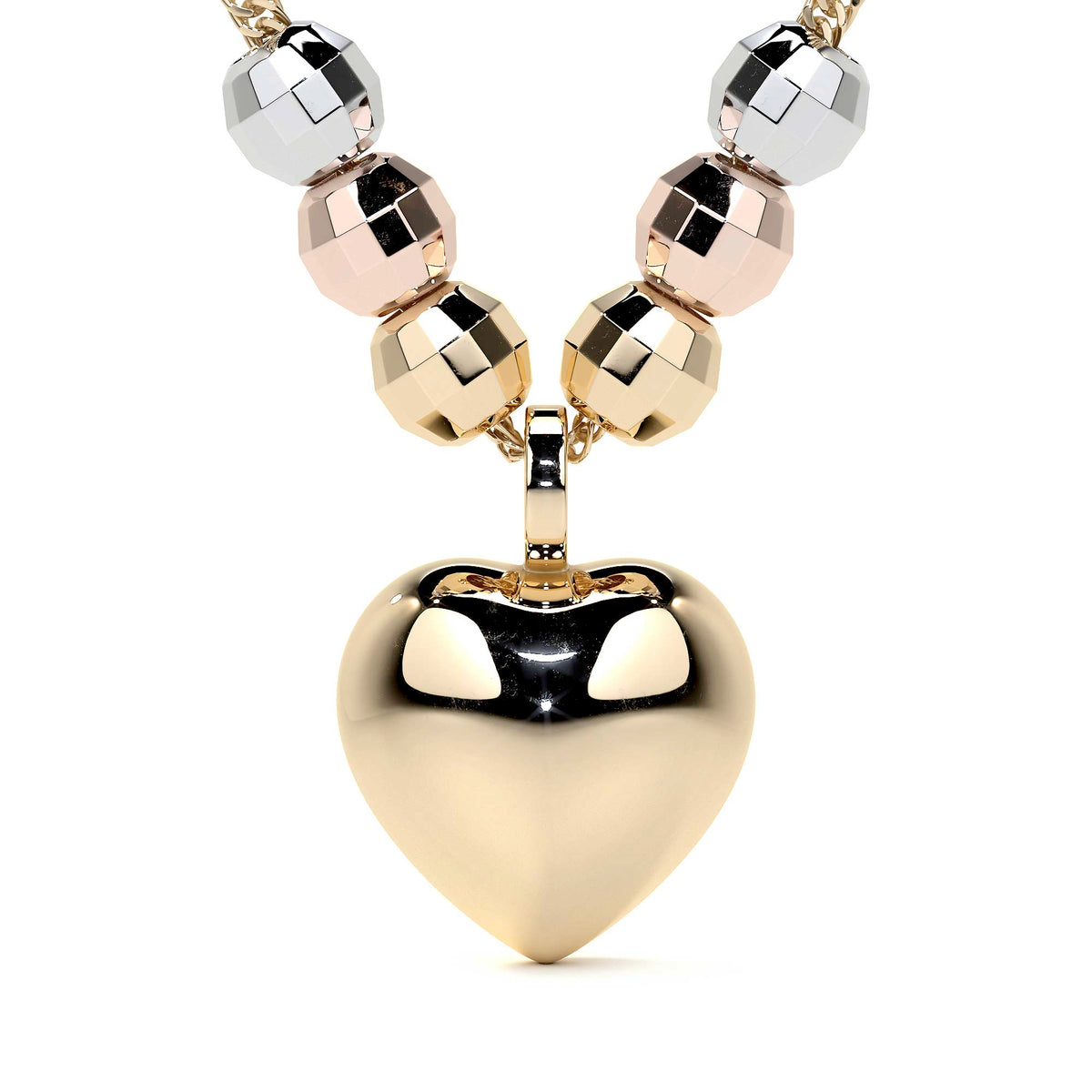 10k Italian Tri-Color Bead and Puffed Heart Necklace