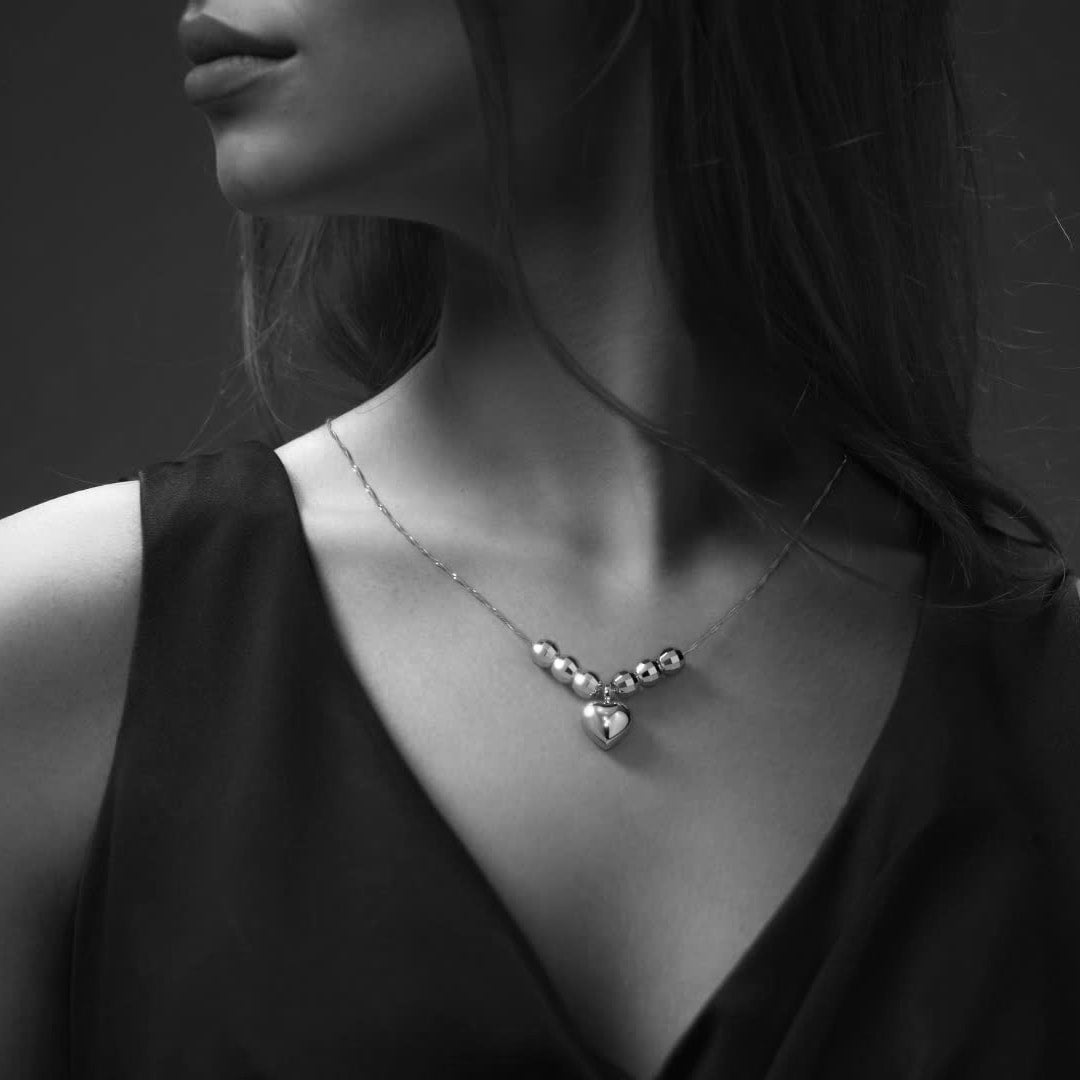 925 Silver Puffed Heart Necklace with 45cm Ball Chain