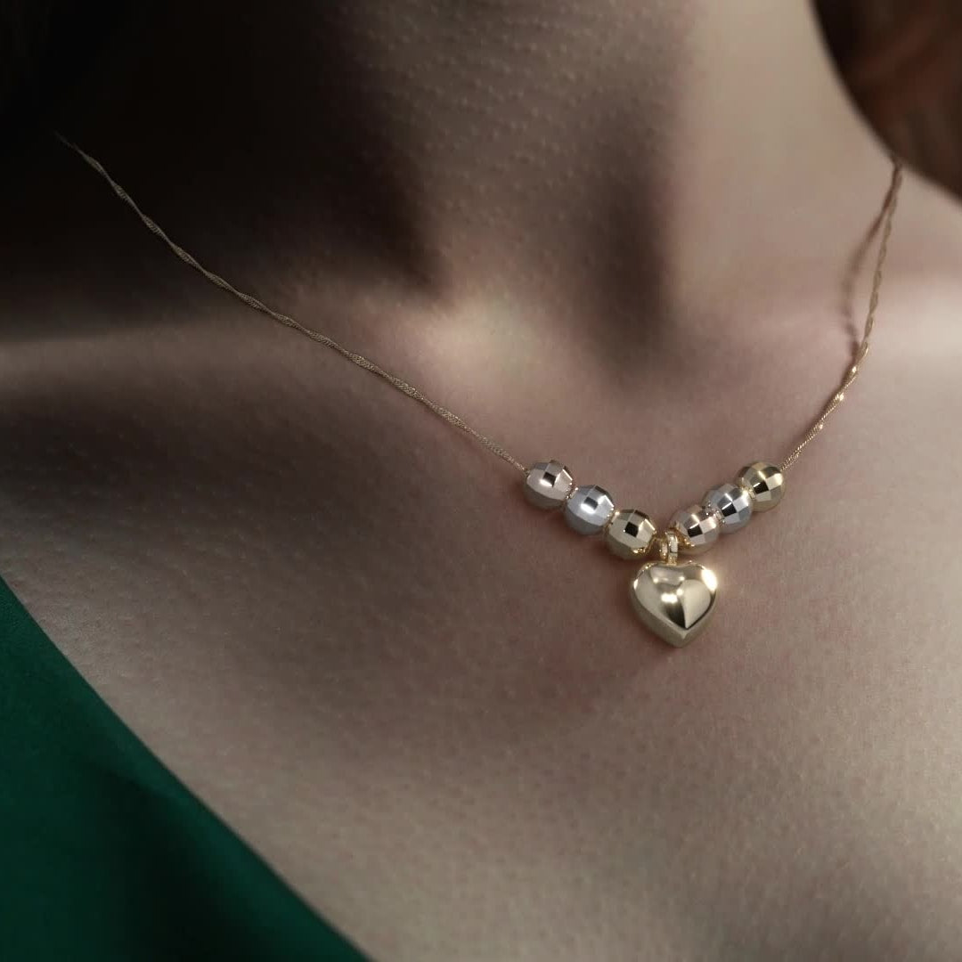 14k or 10K Italian Choker with Puffed Heart and Tricolor Beads