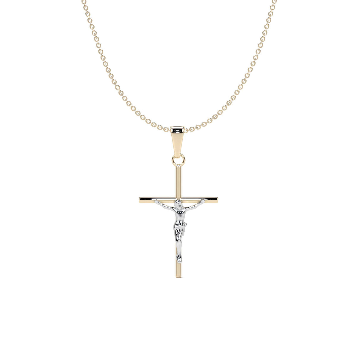 10k Gold Rhodium-Plated Tube Cross and Christ Necklace