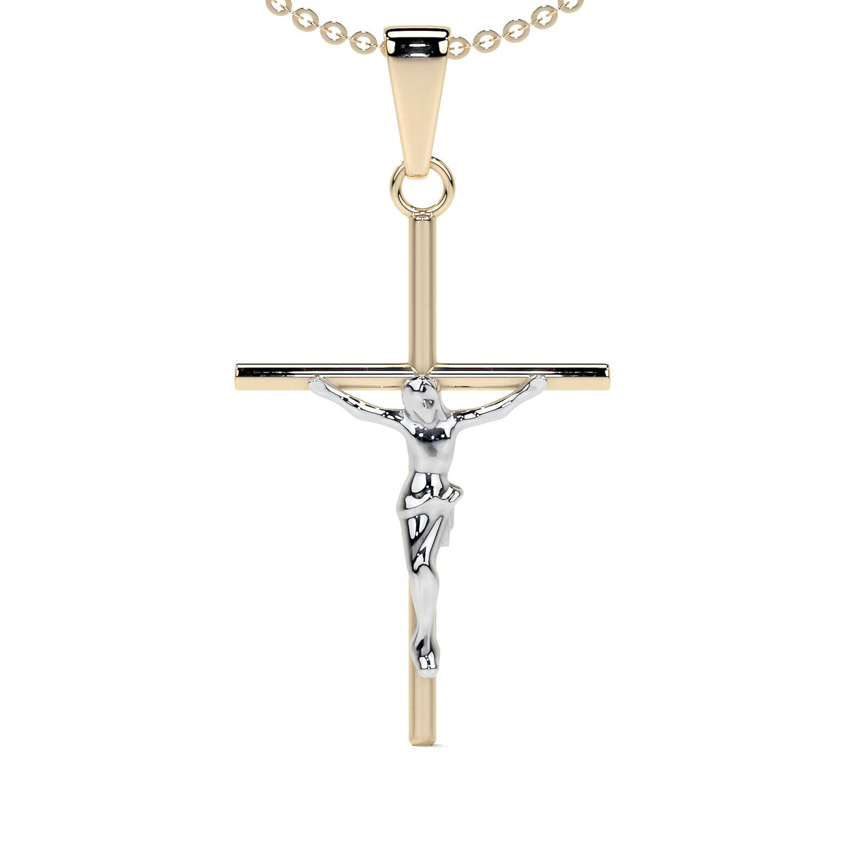 14k Gold Rodium Plated Tube Cross and Christ Necklace