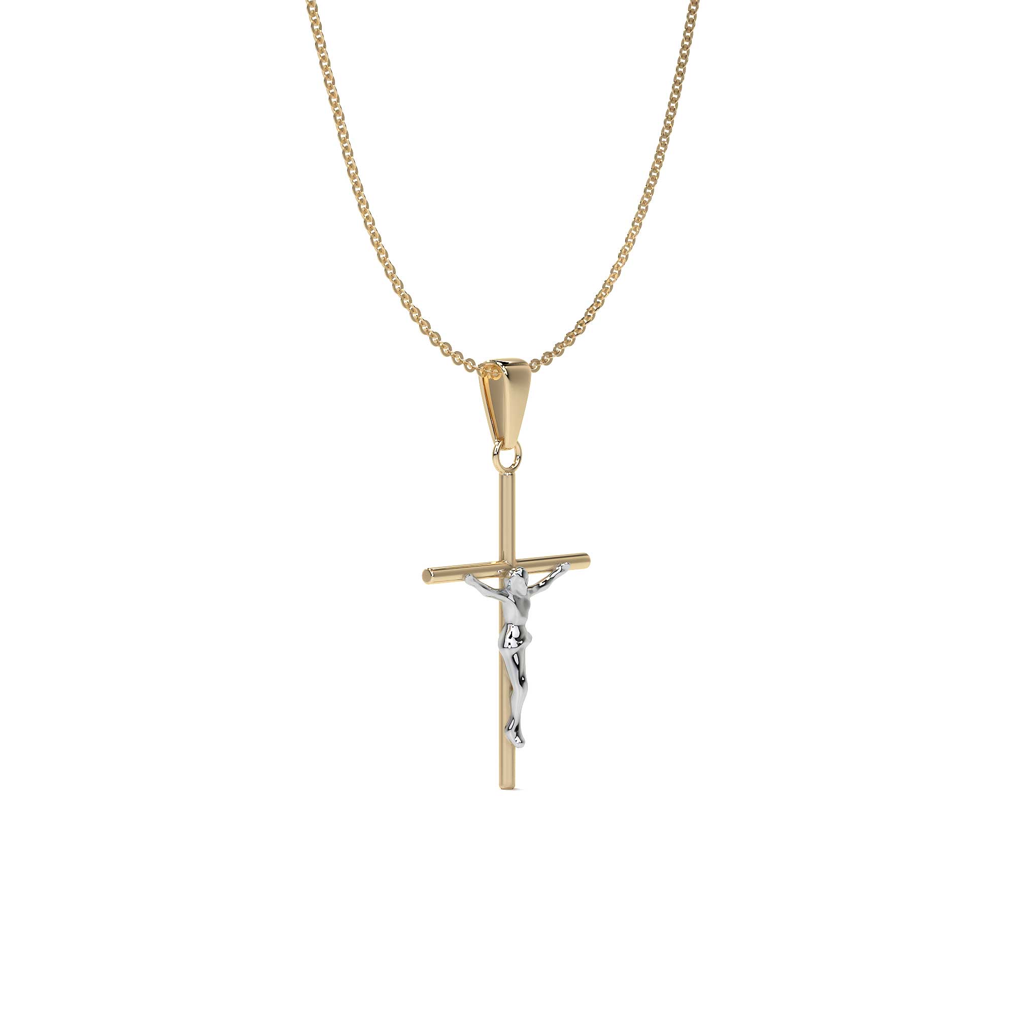 14k Gold Rodium Plated Tube Cross and Christ Necklace