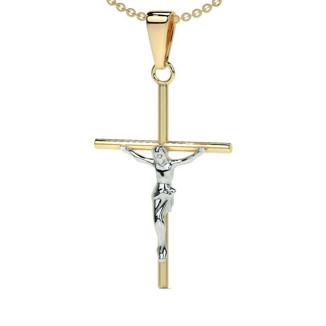 14k Gold Rodium Plated Tube Cross and Christ Necklace