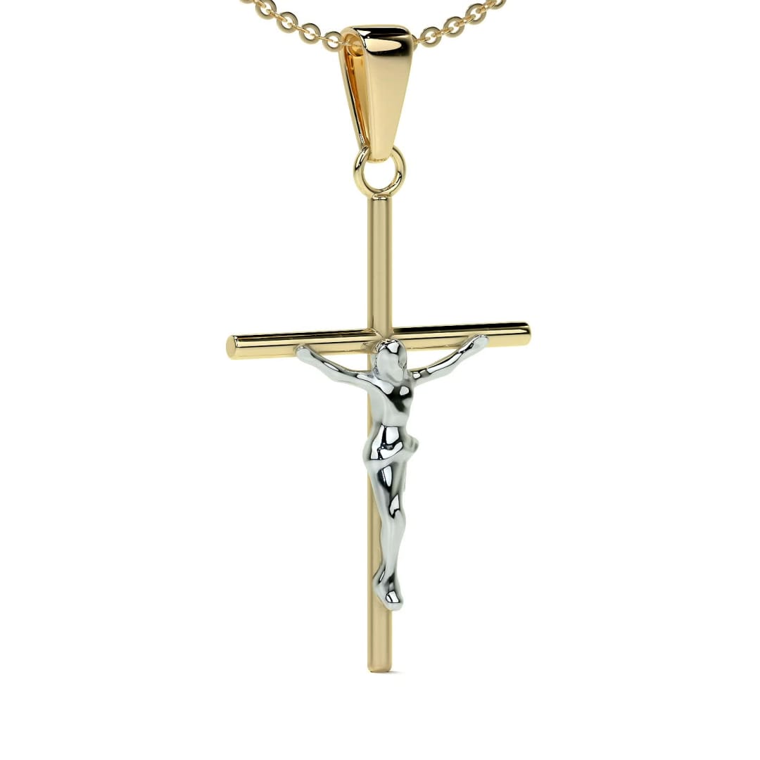 14k Gold Rodium Plated Tube Cross and Christ Necklace