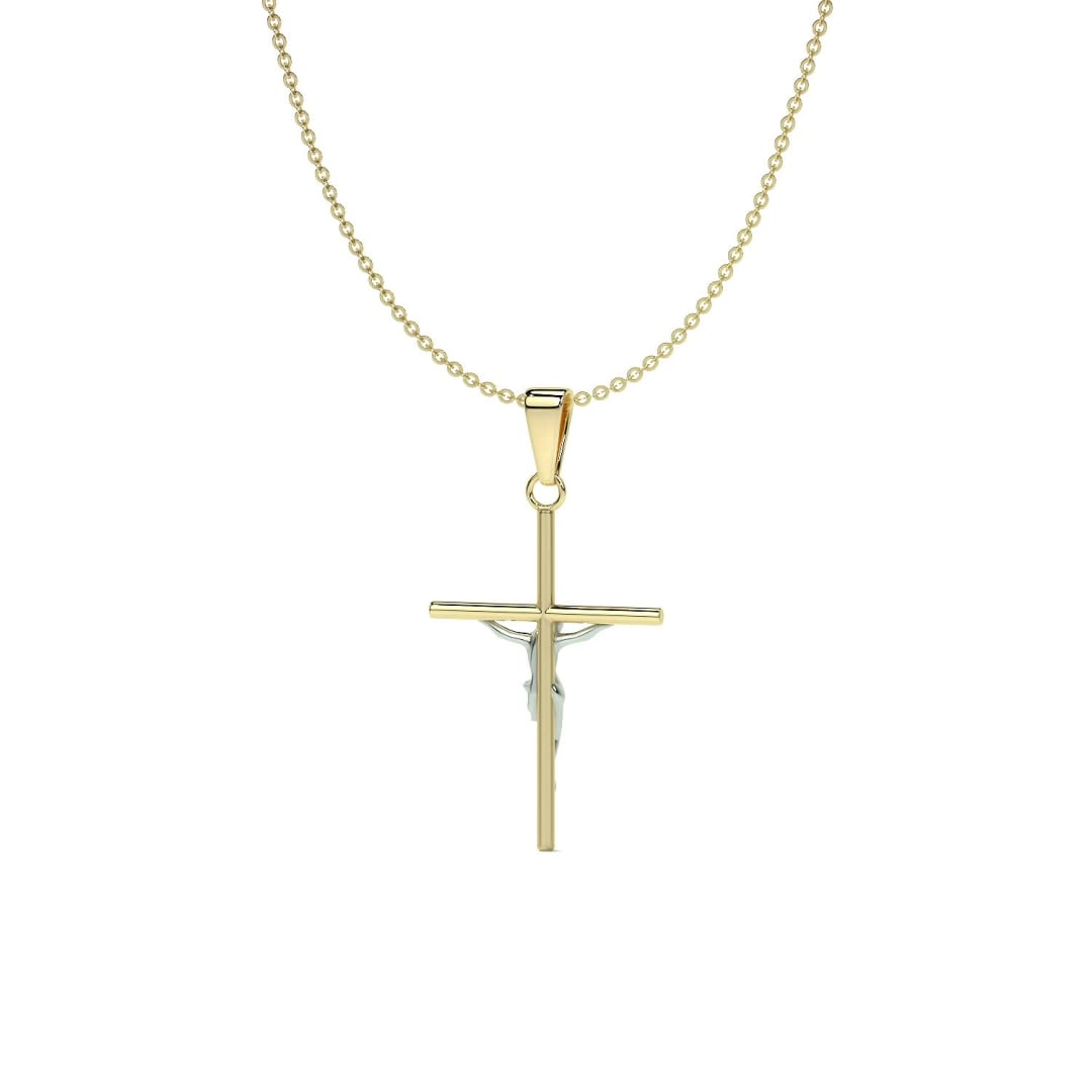 10k Gold Tube Cross Pendant with Rhodium-Plated Christ