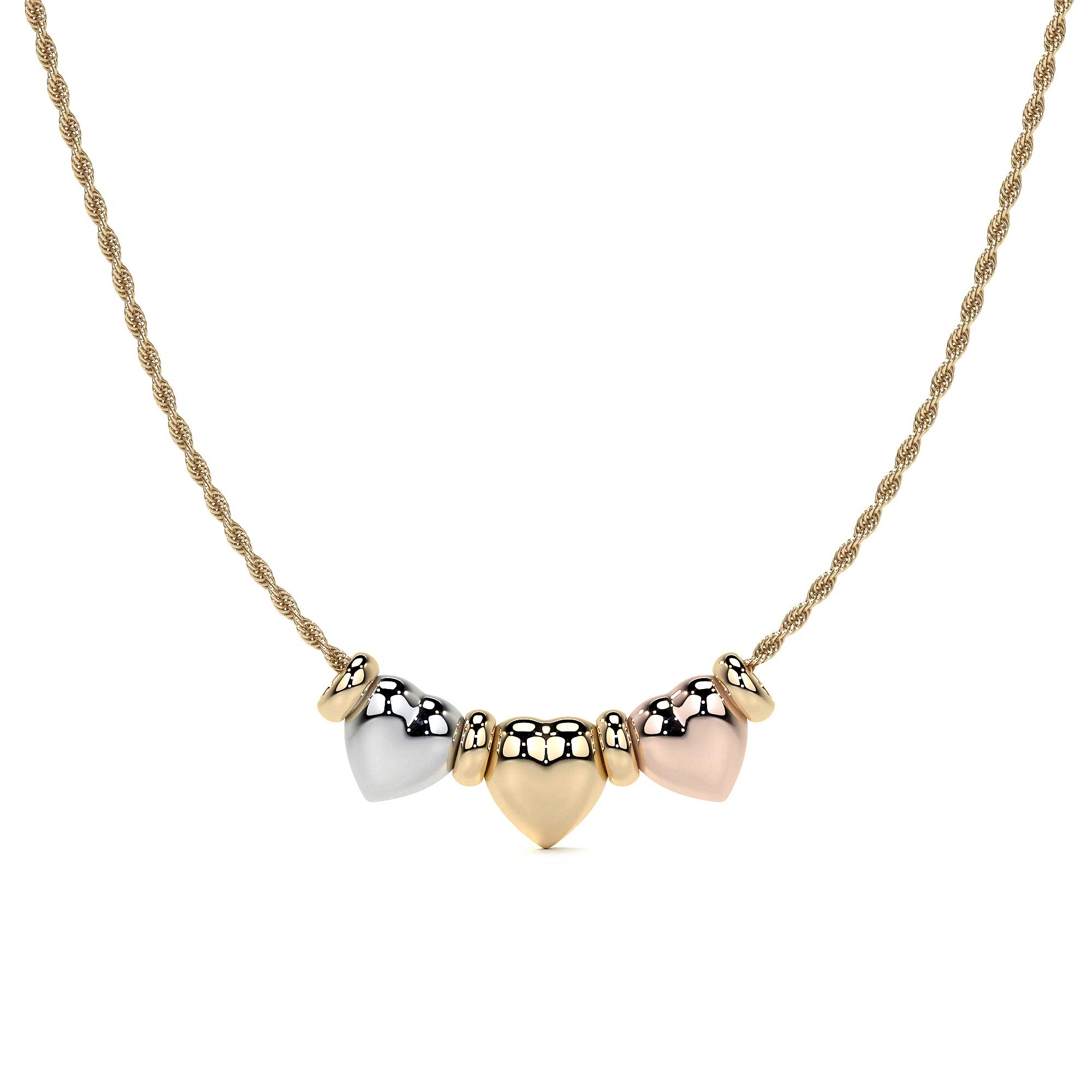 14k Gold Triple Puffed Heart and Hoop Necklace