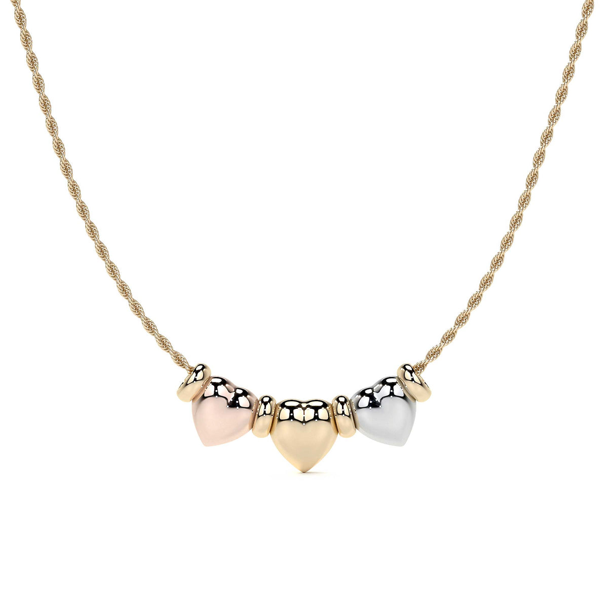 14k Gold Triple Puffed Heart and Hoop Necklace