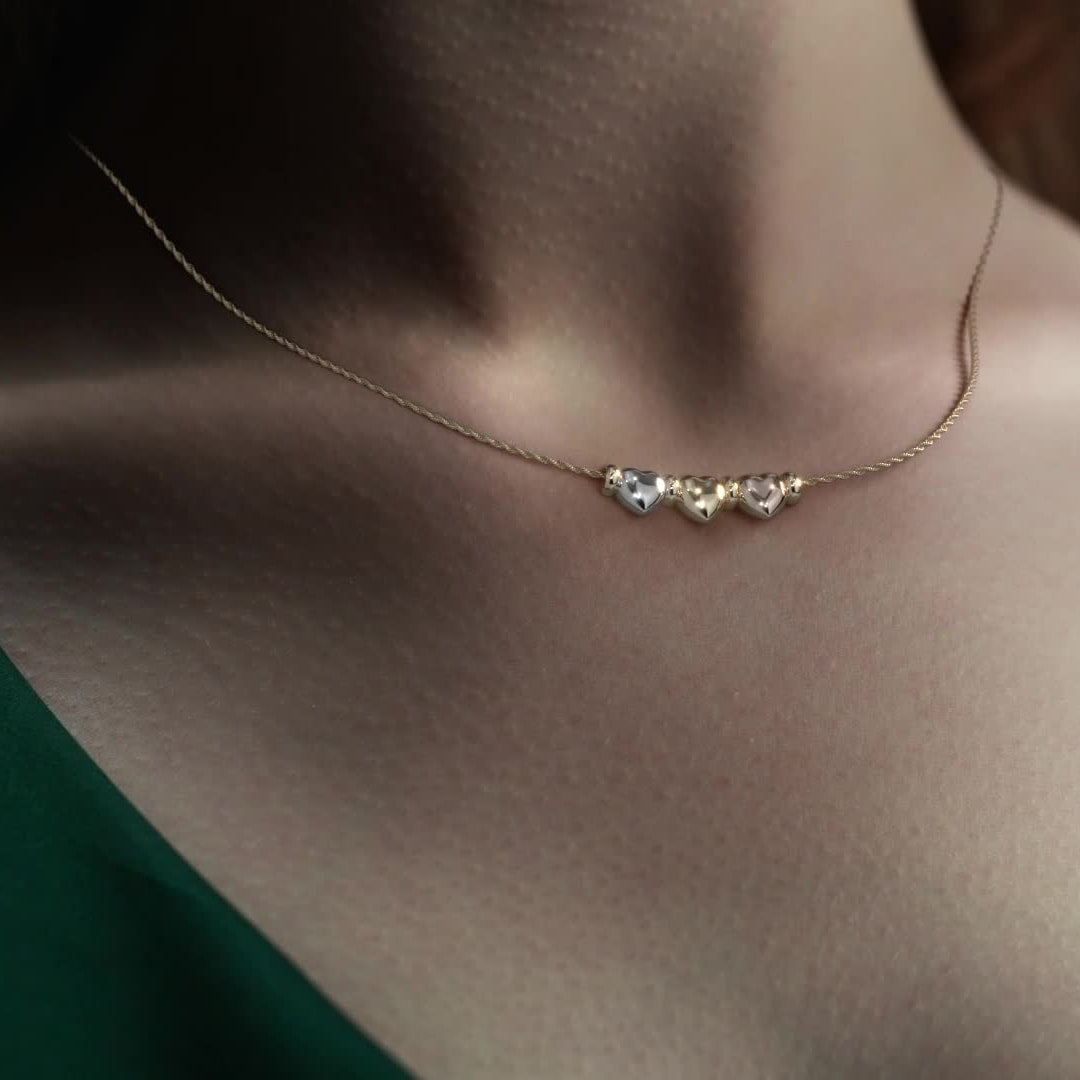 14k Gold Triple Puffed Heart and Hoop Necklace
