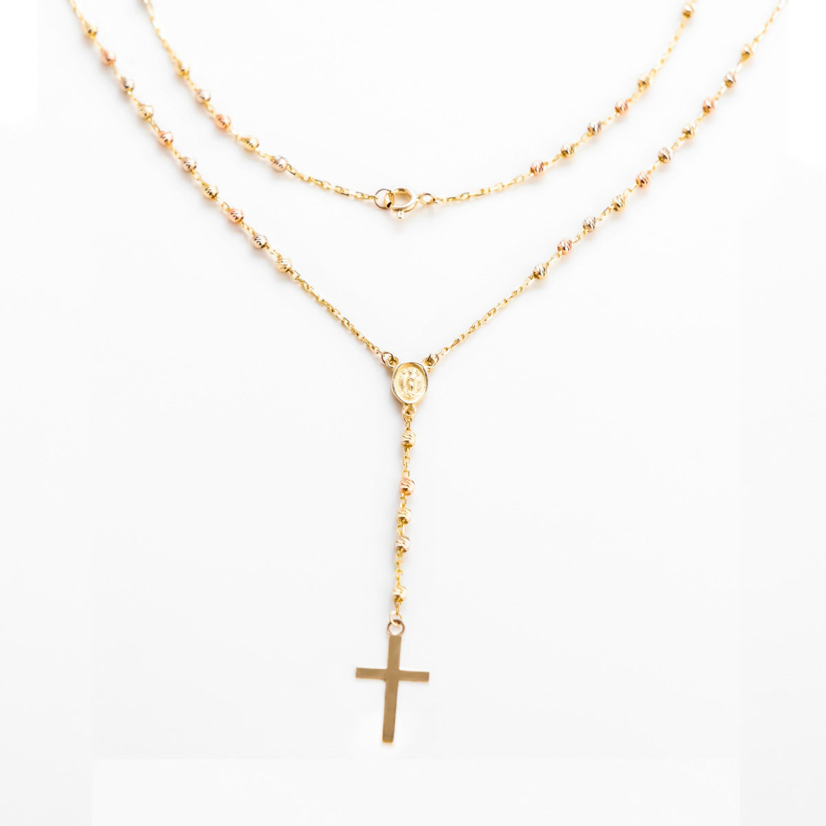 14K Gold Rosario Necklace with 3-Tone Ball, 50cm