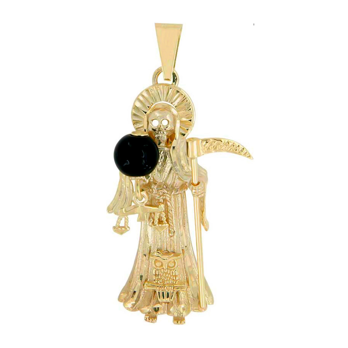 10K Gold Pendant The Santa Muerte with Onyx Stone 4 cm