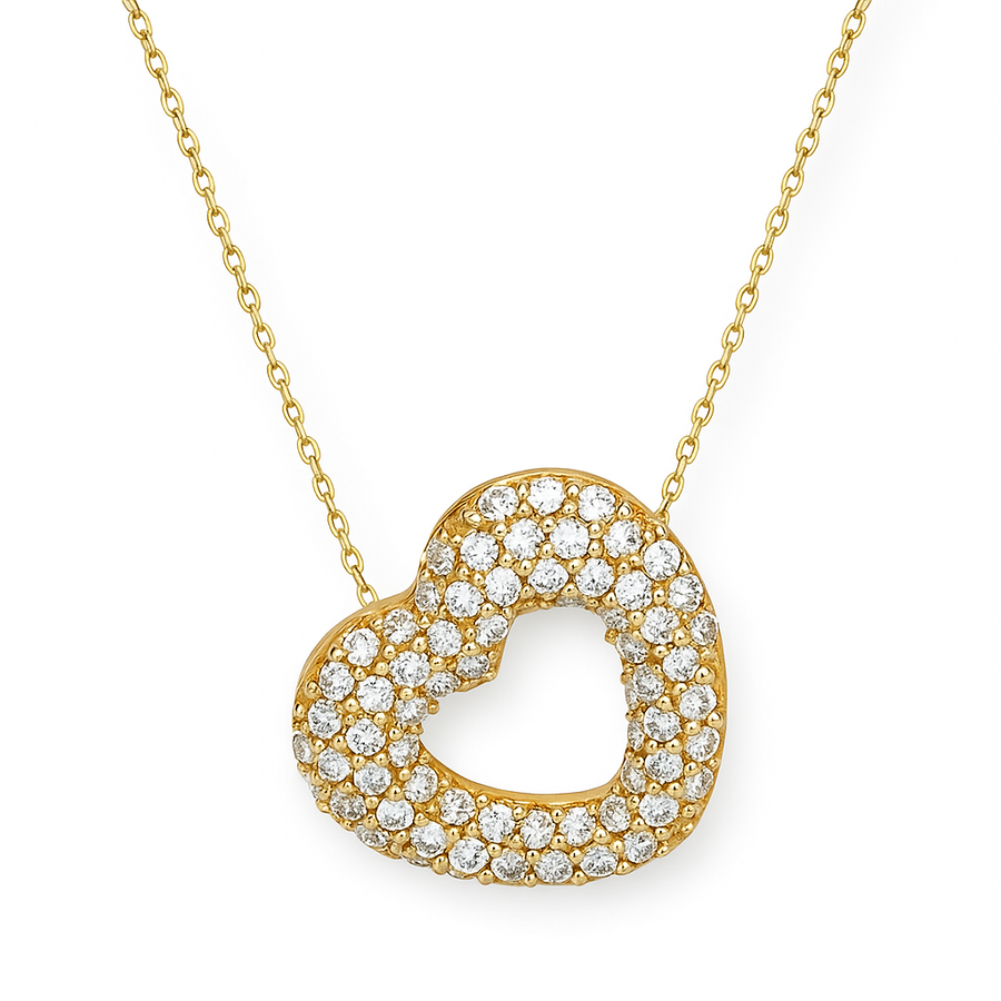 Sterling Silver 18K Gold Plated Simulated Diamond Puffed Heart Necklace