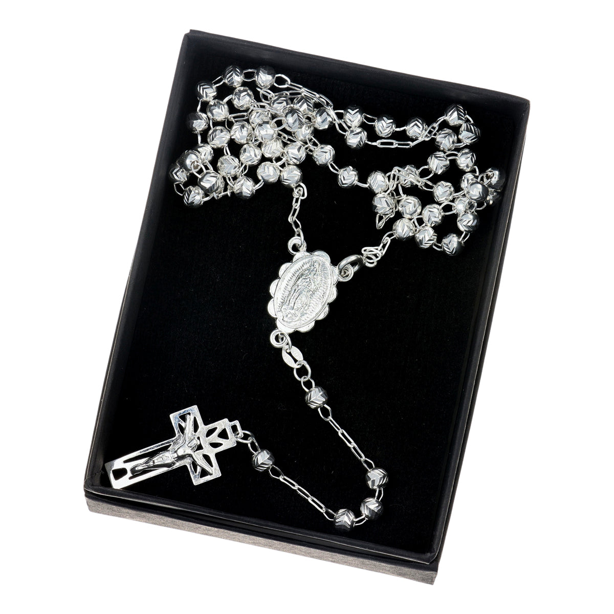 925 Sterling Silver Rosary with Diamond Cut Beads, 55 cm