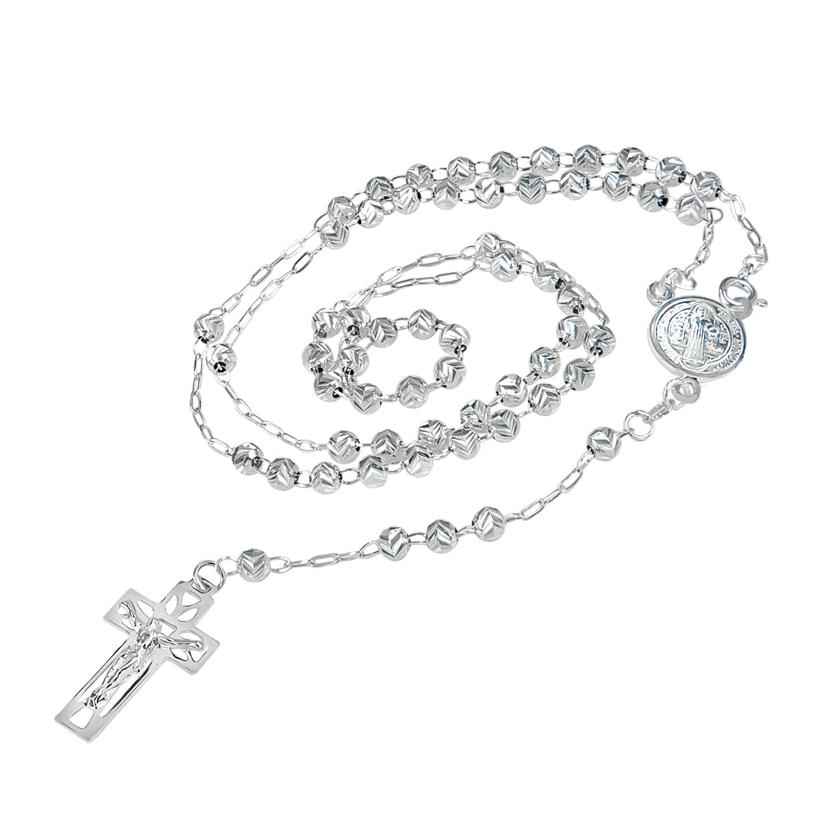 925 Sterling Silver Rosary with Diamond Cut Beads, 55 cm