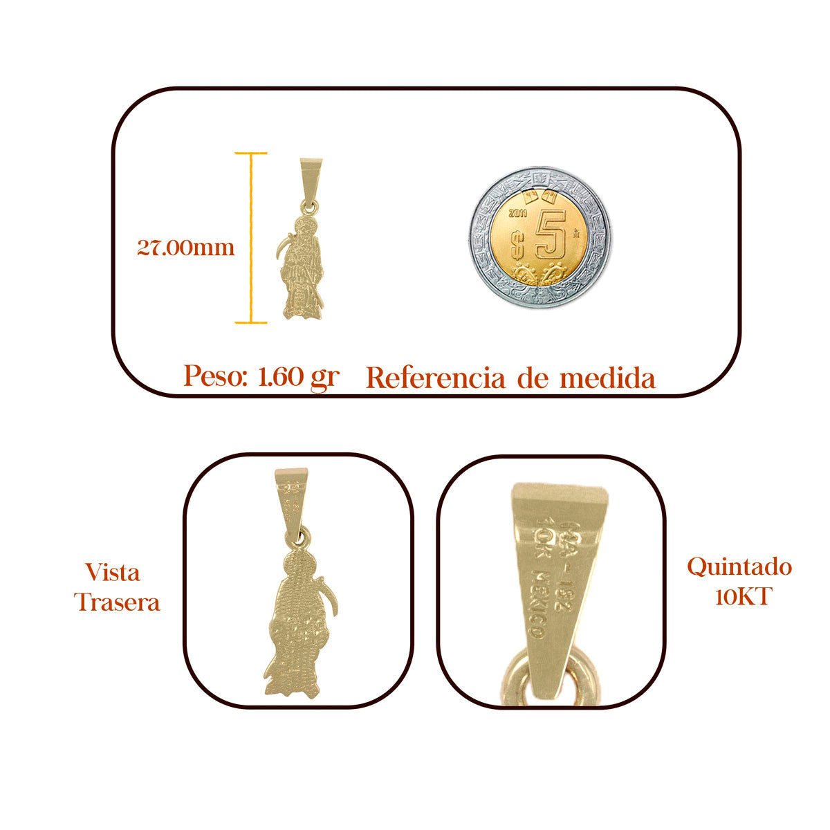 10k Gold Santa Muerte Pendant, 2.7cm