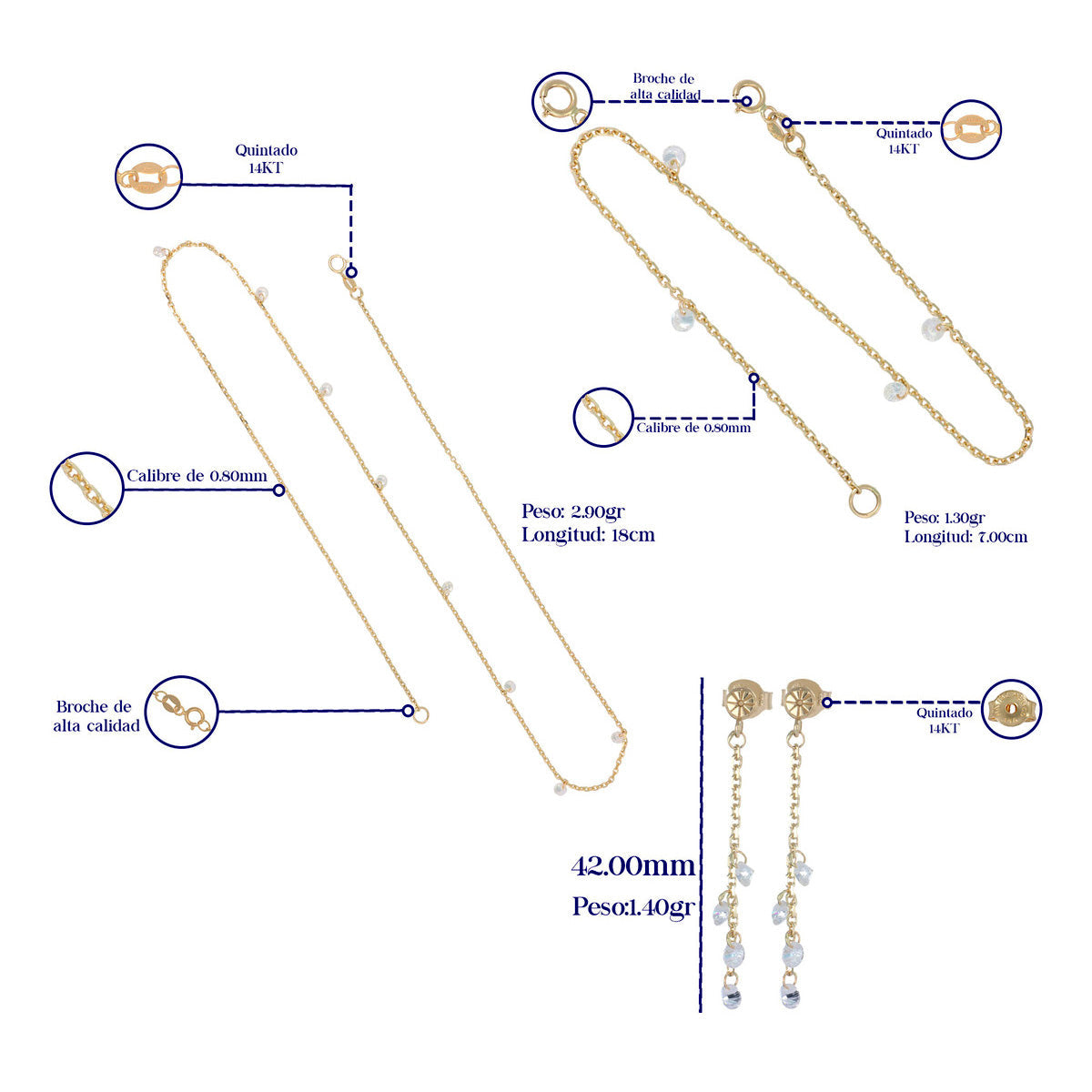 Women's 14k Gold Chain, Bracelet, and Earring Set