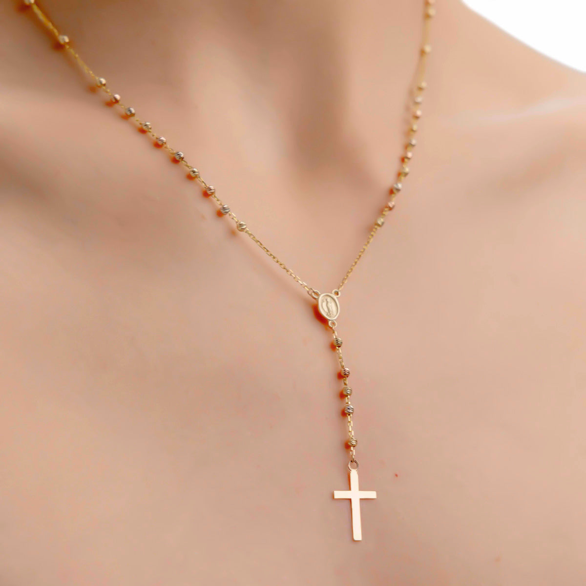 14K Gold Rosario Necklace with 3-Tone Ball, 50cm