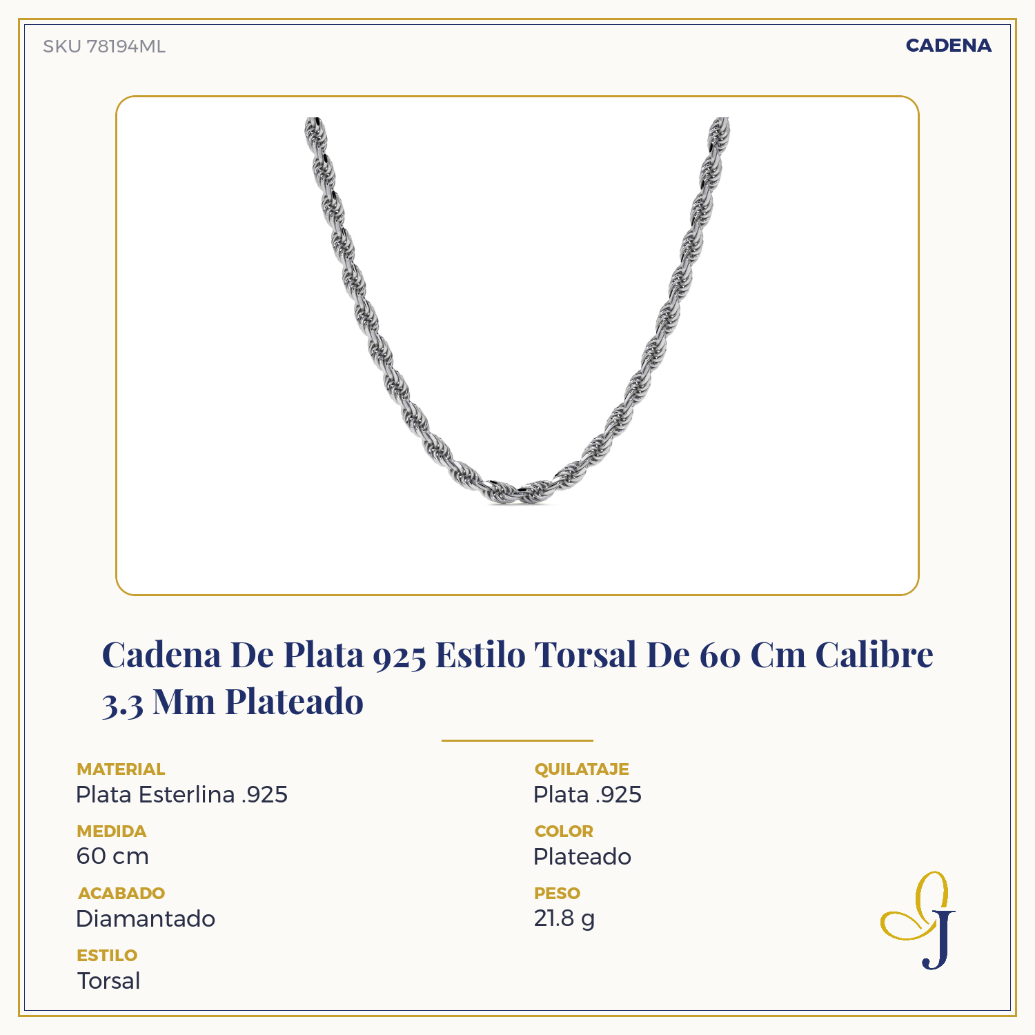 925 Sterling Silver Torsal Chain, 3.3mm Gauge