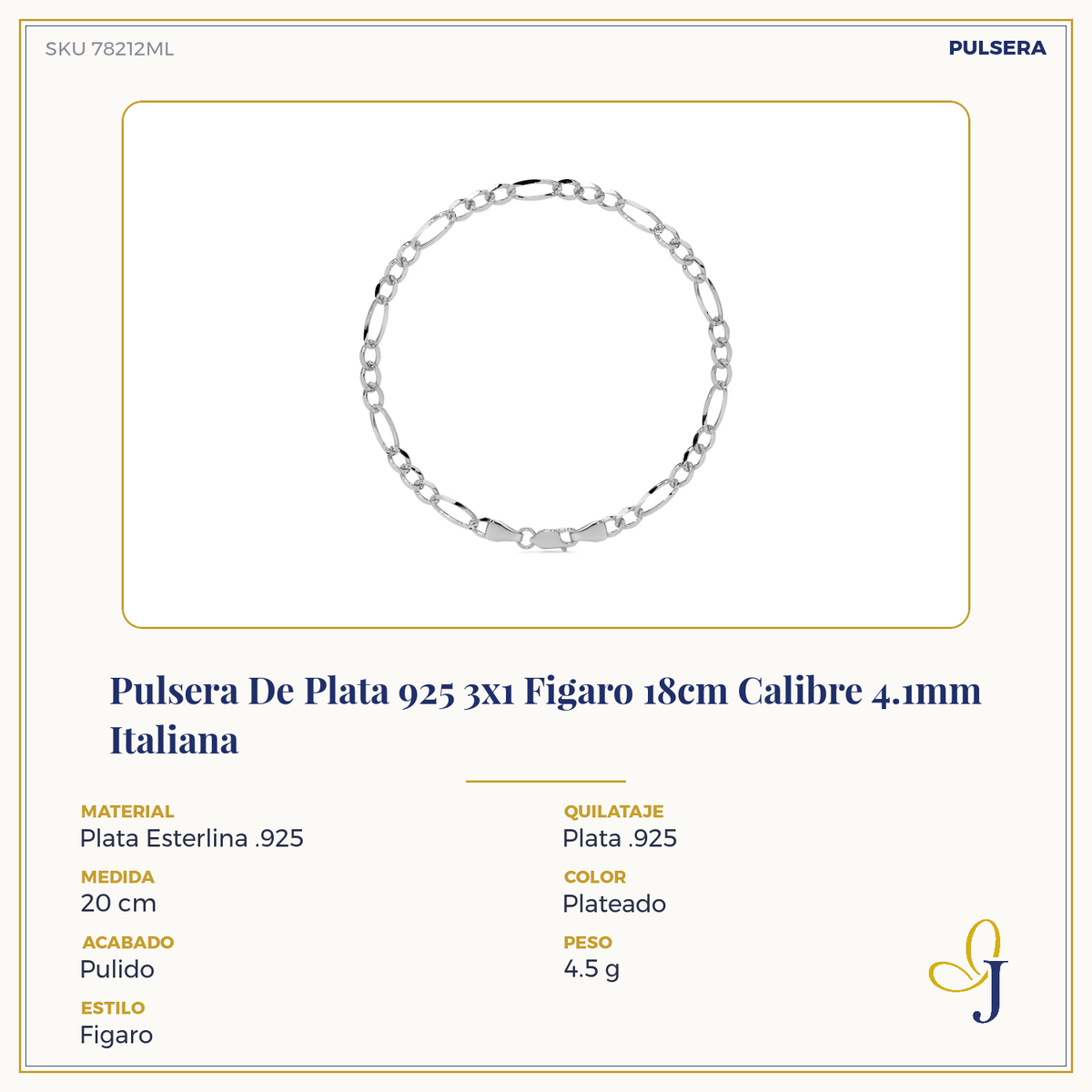 Men's Sterling Silver Italian Figaro 3+1 Bracelet | Elegant Men's Jewelry