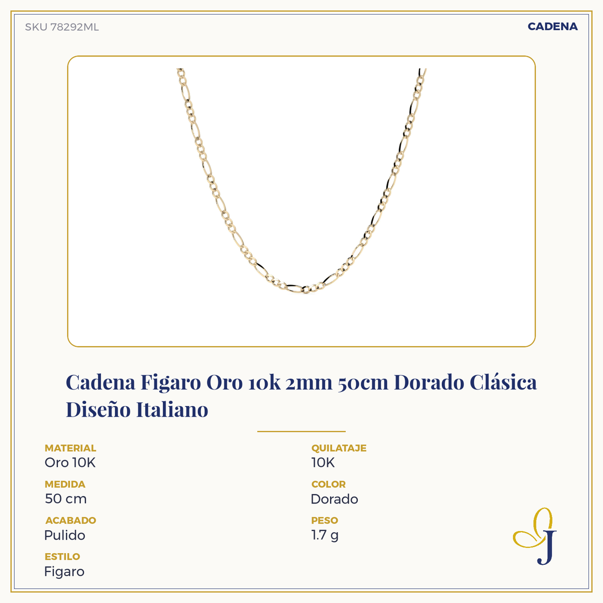 10K Gold Figaro Chain, 2mm, 50cm, Classic Gold Italian Design