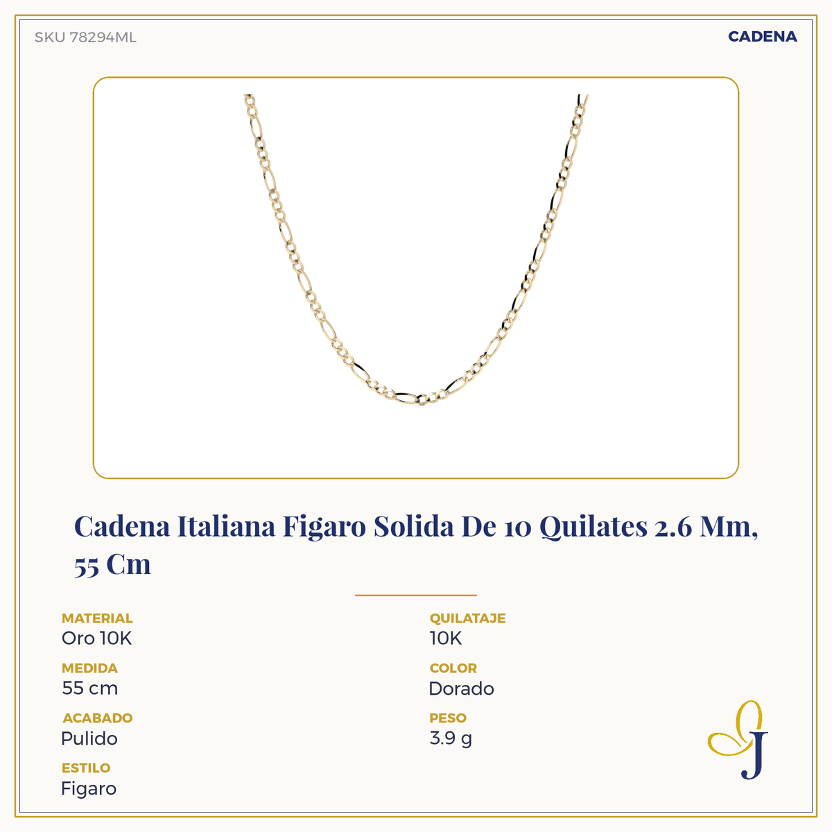 10K Gold Chain 50cm Figaro 3x1, 2.6mm Italian Gold Necklace with Spring Ring Clasp