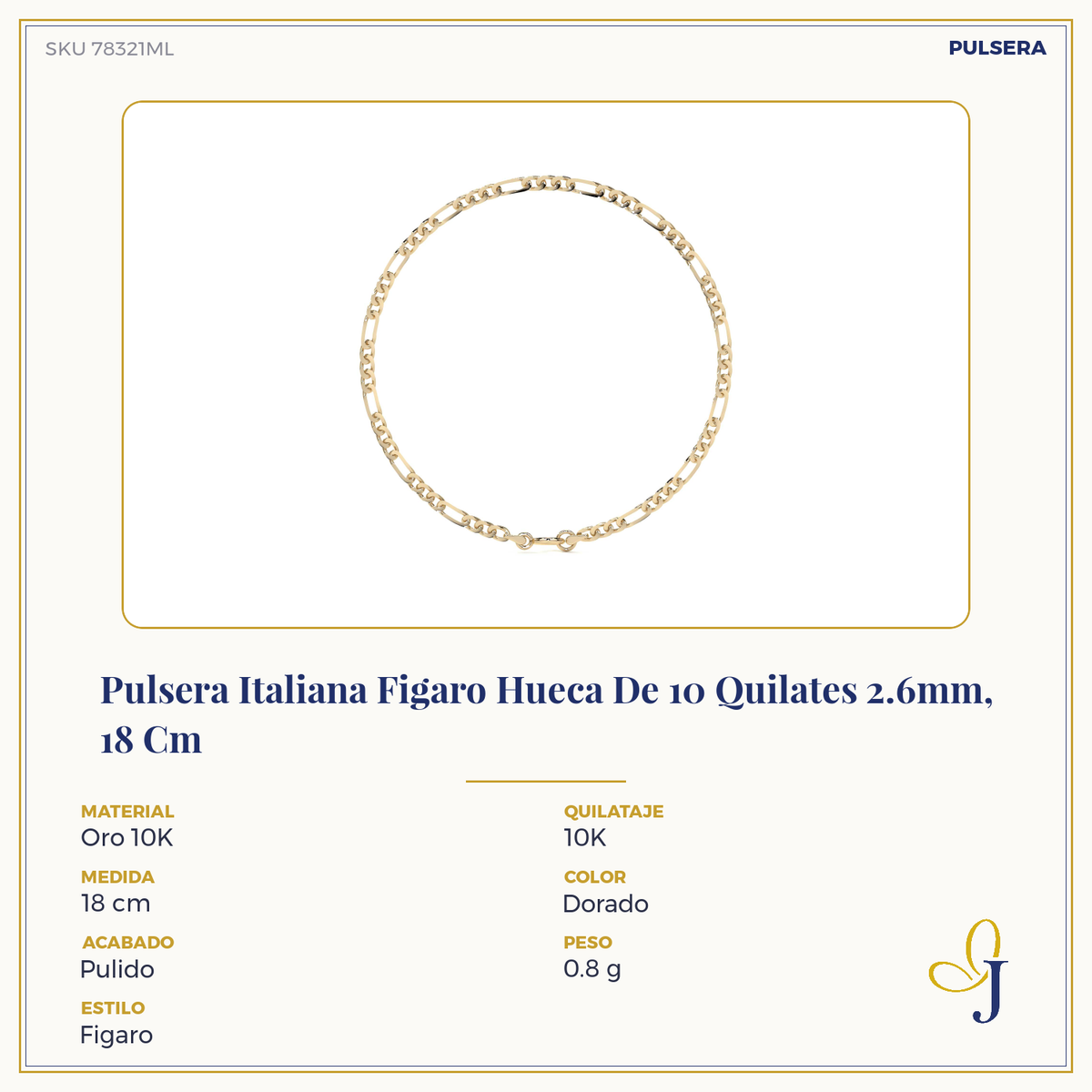 10k Gold Hollow Figaro Men's Bracelet, 2.6mm Gauge, 21.5cm