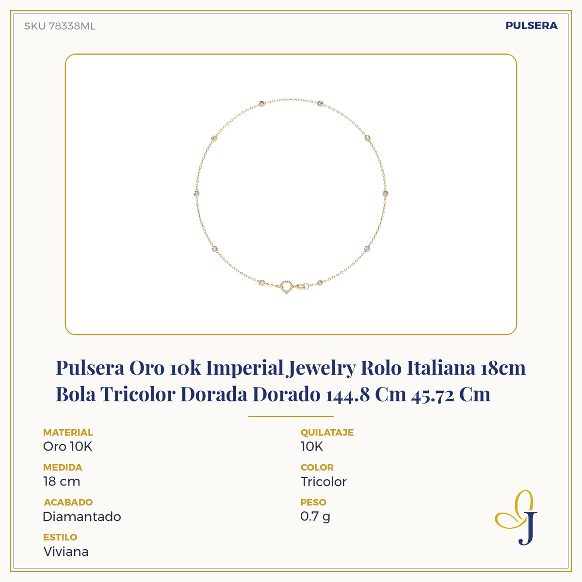 10k Gold Imperial Jewelry Italian Rolo Bracelet, 18cm, Tricolor Bead, Gold-Tone