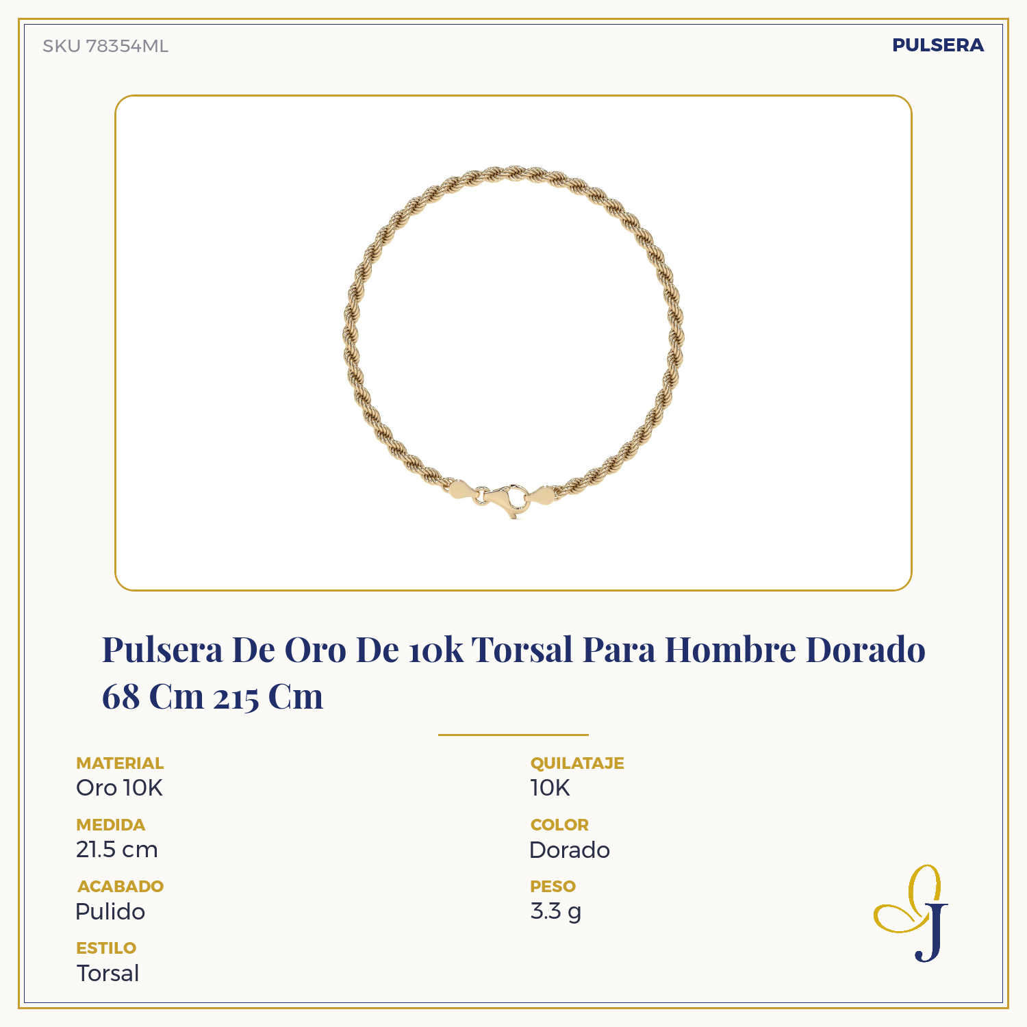 10k Gold Men's Torsal Style Bracelet with Gold-Tone Lobster Clasp, 18.5cm