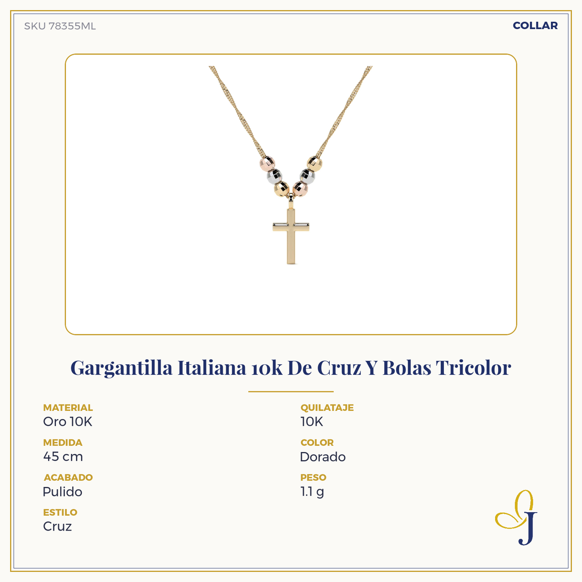10k Italian Tricolor Cross and Bead Necklace